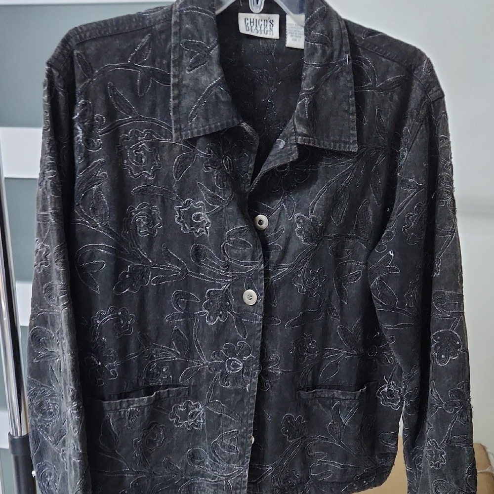 Chico's Black Floral Embroidered Jean Jacket - Picture 1 of 8
